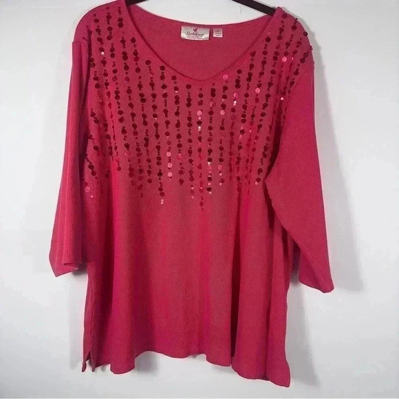 Quacker Factory Pink Ribbed Sequin 3/4 Sleeve Sweater Top Women Size 1X - Picture 11 of 12
